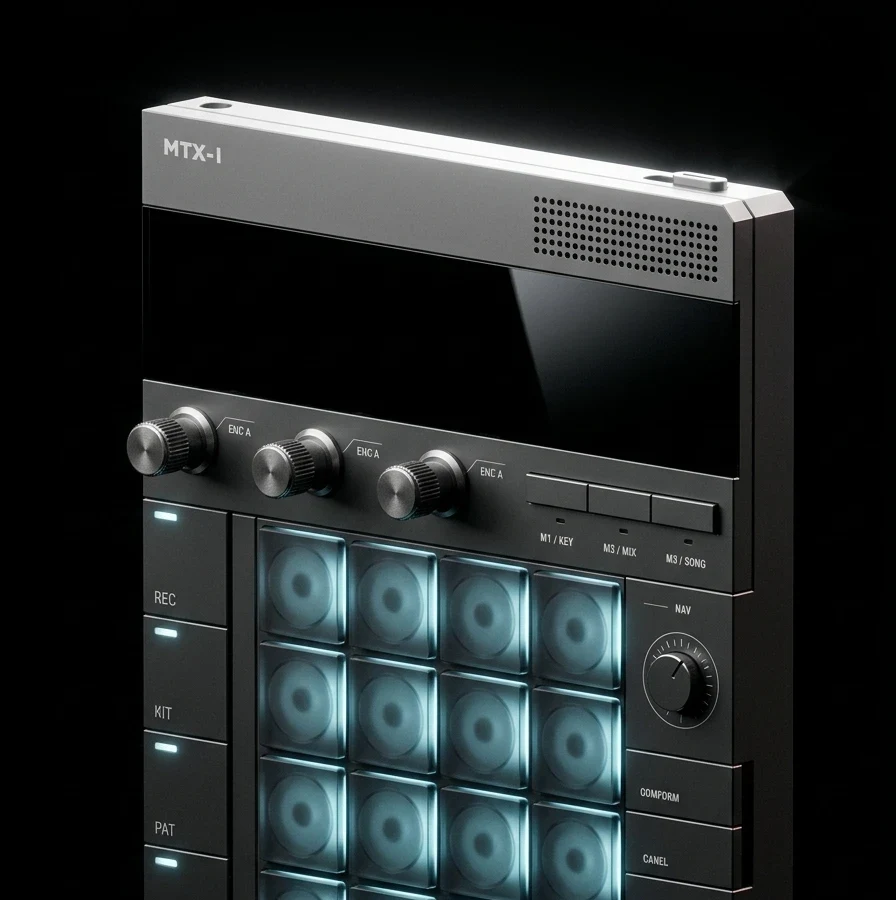 MTXPAD in the dark: a dot-matrix screen, three knurled knobs and sixteen backlit keys